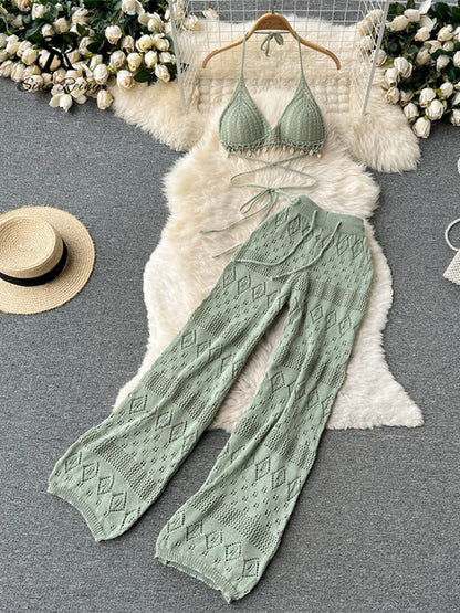 Knitted Top & Wide Leg Long Pant