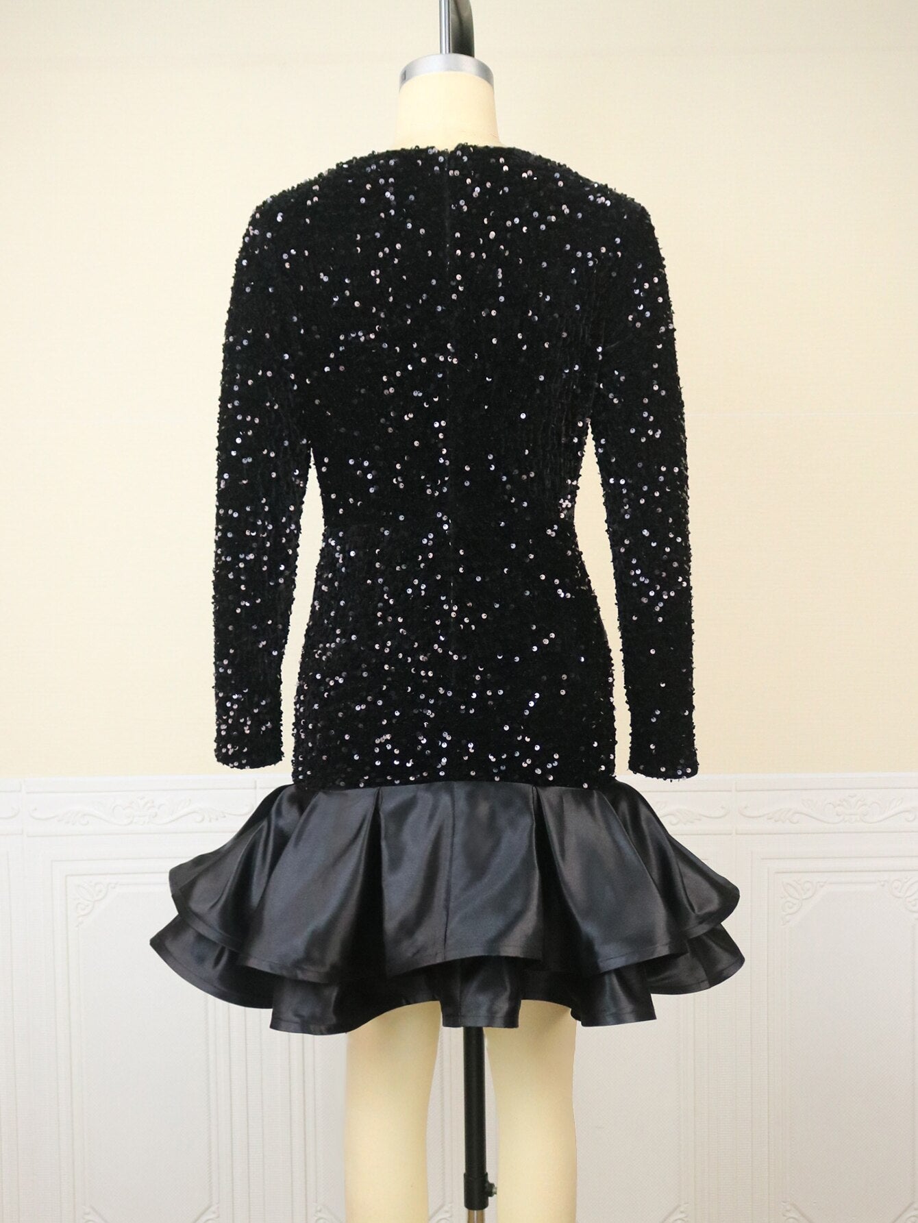 Jana's Black Deep V Neck Velvet Sequin Dress