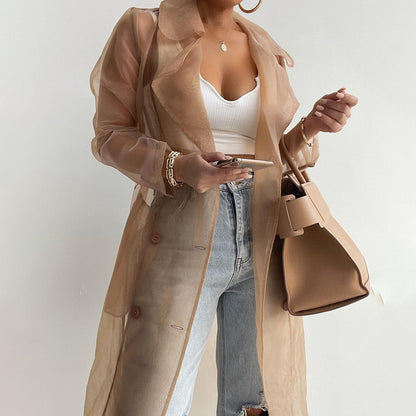 See Through Solid Sheer Mesh Buttoned Coat