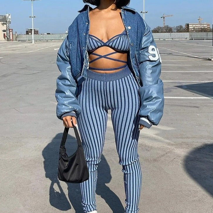 Striped Bandage Top and Mid Waist Pant Set