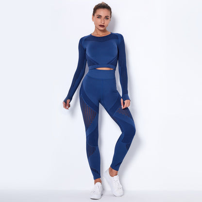 Two Piece Tight Stripe Hollow Out Fitness Set