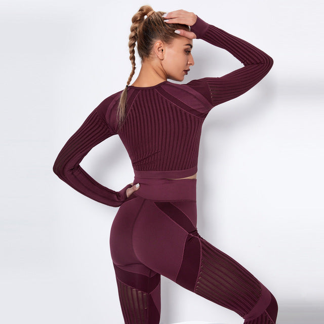 Two Piece Tight Stripe Hollow Out Fitness Set